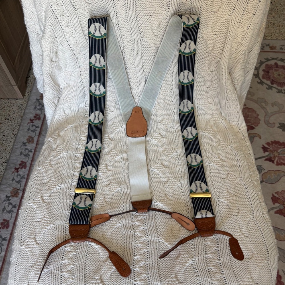 Lands' End Suspenders Men OS Navy Blue Good Baseball Pinstripe Leather Y-Back